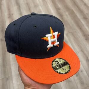 New Era Houston Astros 59FIFTY fitted hat Cap size 7 5/8 Navy Orange B10